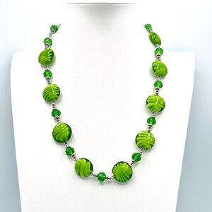 Green Glass Beaded Necklace – 22” Statement Jewelry Retro Vibe